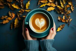 ai generiert Tasse von Kaffee und mit Frau Hand, fallen Blätter auf Blau Hintergrund. oben Sicht. generativ ai. foto