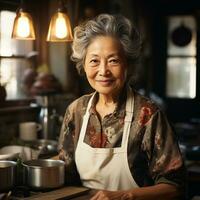 ai generiert 80 Jahr alt Chinesisch Frau Kochen im Zuhause Küche. generativ ai. foto
