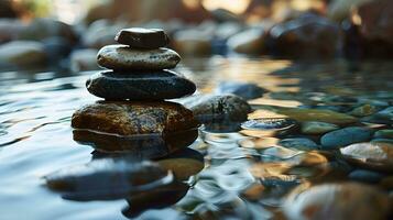 ai generiert Zen Steine gestapelt harmonisch im Ruhe Wasser foto
