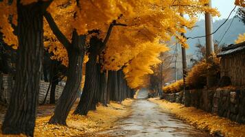 ai generiert ruhig Herbst Straße flankiert durch golden Bäume foto