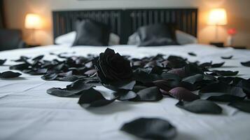 ai generiert düster Eleganz von ein schwarz Rose auf ein einfarbig Tagesdecke foto