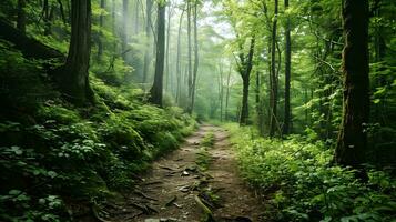 ai generiert strahlend Sonnenstrahlen durchbohren durch Wald Überdachung foto