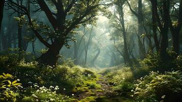 ai generiert Weg zu Frieden, von der Sonne geküsst Weg im grün Wald foto