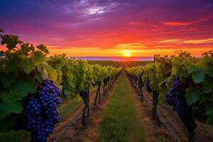 ai generiert Weinreben beim Traube wachsend Felder Das produzieren rot und Weiß Wein foto