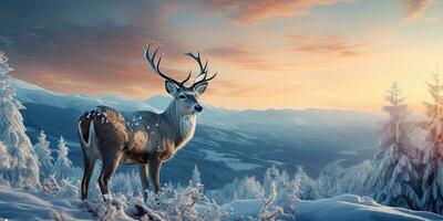 ai generiert Hirsch im Winter Jahreszeit foto