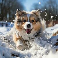 ai generiert Hund spielen Schnee foto