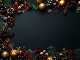 ai generiert oben Nieder Perspektive von festlich Weihnachten Dekorationen ein Neu Jahr Hintergrund foto