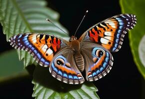 ai generiert ein Schmetterling mit Blau und Orange Flügel ist auf ein Grün Blatt foto