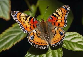 ai generiert ein Schmetterling mit Blau und Orange Flügel ist auf ein Grün Blatt foto