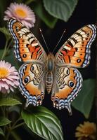 ai generiert ein Schmetterling mit Blau und Orange Flügel ist auf ein Grün Blatt foto