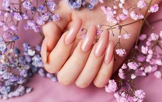 weiblich Hände mit Rosa Nagel Design halt Gypsophila Blumen. foto