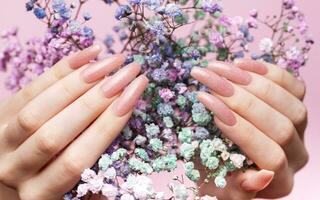 weiblich Hände mit Rosa Nagel Design halt Gypsophila Blumen. foto