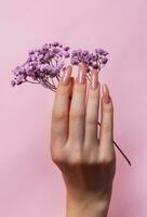 weiblich Hände mit Rosa Nagel Design halt Gypsophila Blumen. foto