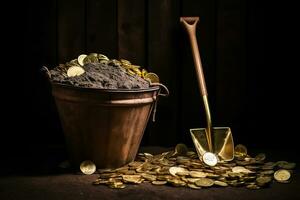 ai generiert golden Sand im ein Eimer mit Schaufel und Münzen auf dunkel Hintergrund foto
