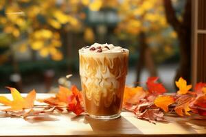 ai generiert vereist Kaffee im Glas auf hölzern Tabelle mit Herbst Blätter, draußen foto