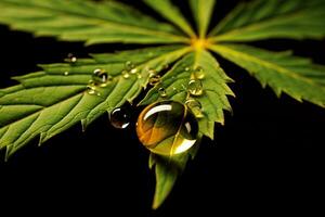 ai generiert Cannabis Blatt mit Wasser Tröpfchen auf ein schwarz Hintergrund. foto