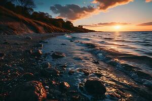 ai generiert Foto von ein Strand mit Felsen und das Sonne gehen Nieder