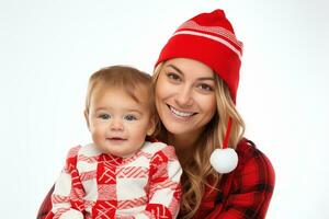 ai generiert Frau mit süß wenig Kind tragen süß Weihnachten Outfits Mutter wenig Sohn isoliert auf Weiß Hintergrund. Studio Foto