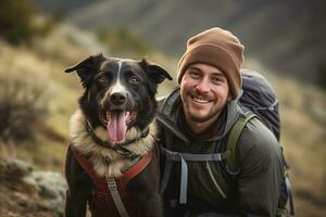 ai generiert ein Bild von ein Mann Wandern und seine Liebling Hund. foto