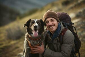 ai generiert ein Bild von ein Mann Wandern und seine Liebling Hund. foto