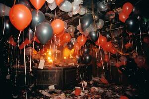 ai generiert Luftballons gefüllt das Zimmer nach das Feier. foto