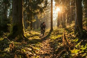 ai generiert Foto von Menschen Reiten Fahrräder im das Wald.