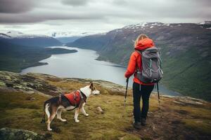 ai generiert - - - - Bild von ein jung Frau Wandern und haben ihr Liebling Hund. foto