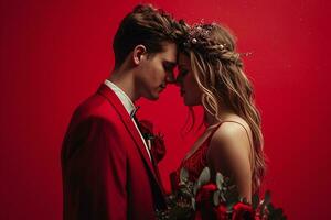ai generiert ein Mann und Frau im rot Anzüge sind küssen foto