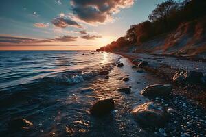 ai generiert Foto von ein Strand mit Felsen und das Sonne gehen Nieder