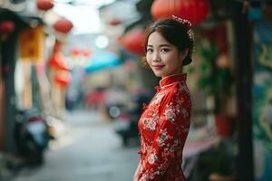 ai generiert Bild von ein jung asiatisch Frau tragen ein rot Kleid beim das Chinesisch Neu Jahr Festival foto