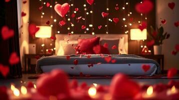 ai generiert romantisch Schlafzimmer geschmückt mit schwebend Herzen und Kerzen foto