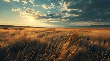 ai generiert golden Sonnenaufgang Über das Leise Prärie Landschaft foto