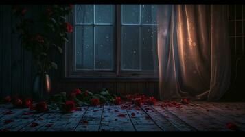 ai generiert Jahrgang Romantik mit rot Rosen durch ein rustikal Fenster foto