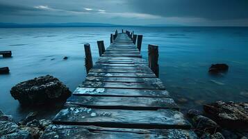 ai generiert heiter Dämmerung beim das alt Strand hölzern Seebrücke foto