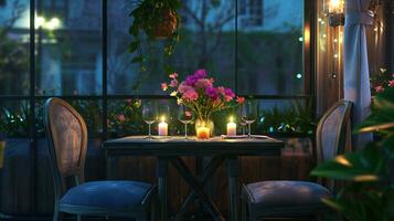 ai generiert intim Balkon Abendessen mit städtisch Garten Ambiente foto