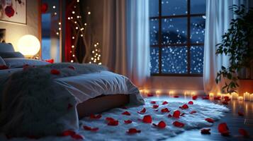 ai generiert Serenade von Schneeflocken und Rosen im Winter Nacht Schlafzimmer foto