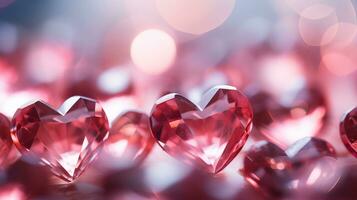 ai generiert ein Nahansicht fotografieren von verschwommen klein Kristall rot Herzen wie ein Hintergrund. Valentinsgrüße Tag Konzept. abstrakt Hintergrund mit Kristall Herzen. Valentinstag Tag Hintergrund foto
