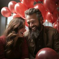ai generiert schön reifen Paar mit rot Luftballons. Paar feiern Valentinsgrüße Tag umgeben durch rot Luftballons. romantisch Feier zum Valentinstag Tag foto