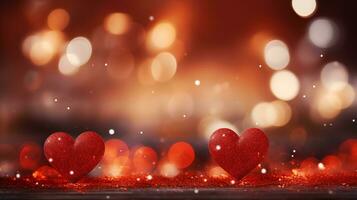 ai generiert schön Hintergrund mit rot Herzen, Beleuchtung, funkelt und Bokeh. Valentinstag Tag Karte. Herz geformt Bokeh Valentinsgrüße Hintergrund foto