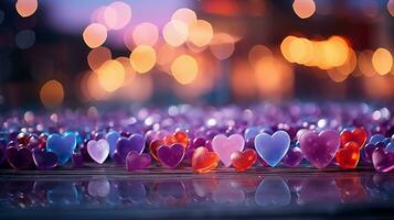 ai generiert schön Hintergrund mit bunt Herzen, Beleuchtung, funkelt und Bokeh. Valentinstag Tag Karte. Herz geformt Bokeh Valentinsgrüße Hintergrund foto