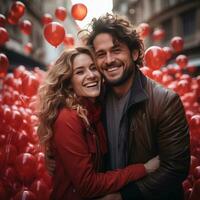 ai generiert schön Paar mit rot Luftballons. Paar feiern Valentinsgrüße Tag umgeben durch rot Luftballons. romantisch Feier zum Valentinstag Tag foto