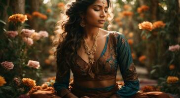 ai generiert schön spirituell Meditation im indisch Tempel durch attraktiv jung Frau foto