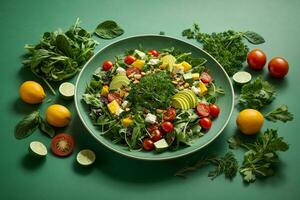eben legen Konzept von Salat Schalen Das Show Gesundheit Leistungen und ernährungsphysiologisch Wert foto