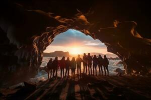 ai generiert szenisch Landschaft von Eis Höhlen während Sonnenuntergang foto