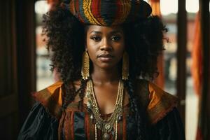 stark unabhängig schwarz afrikanisch amerikanisch Frau gekleidet im einheimisch National Kleid foto