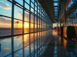 ai generiert Passagier Reise Koffer und Taschen im das Flughafen Terminal, Konzept von Reise und Ferien foto