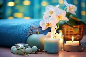 ai generiert luxuriös gehoben Wellness Spa zum Entspannung mit Lotus, Bambus und Orchidee Blumen und Kerzen foto