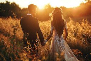 ai generiert zärtlich romantisch Paar umarmen beim Sonnenuntergang während Flitterwochen im Hochzeit Kleid foto