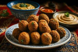 ai generiert Mitte östlichen gesund pflanzlich Falafel Essen, Falafel Bälle Lügen auf ein Teller foto