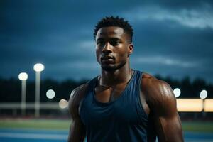 ai generiert ein mächtig schwarz Athlet auf das Laufen Rennen Schiene, präsentieren Stärke, Geschwindigkeit und Fitness foto